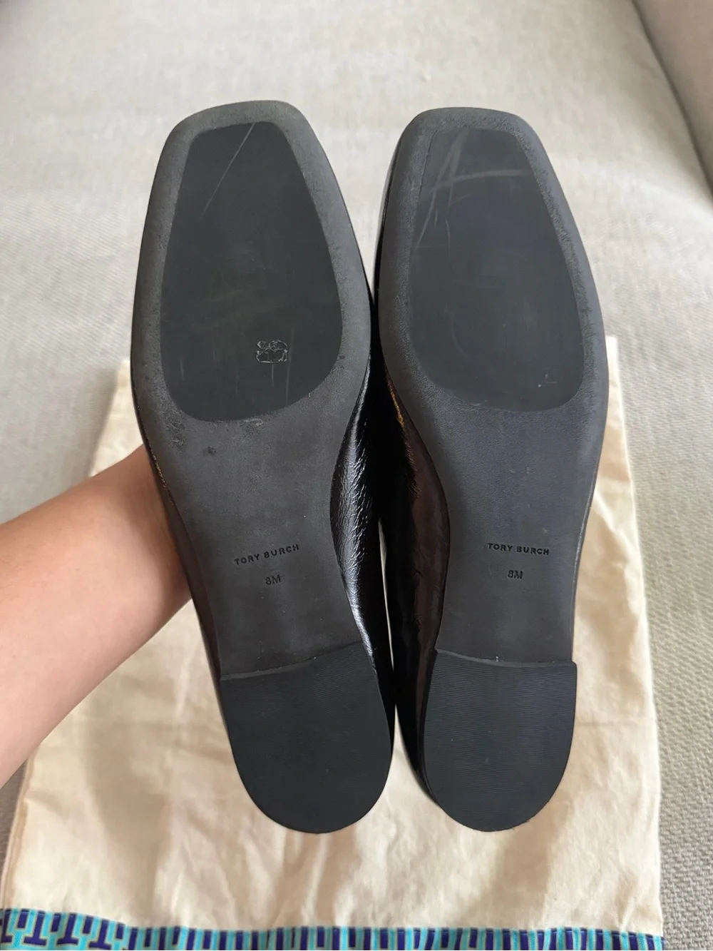 Tory Burch Georgia Black Leather Square-Toe Logo Flats